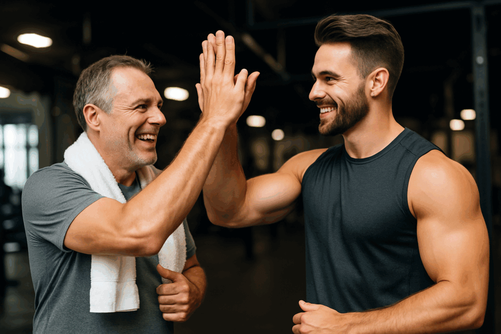 Muskulöser Coach Mitte 30 und glücklicher Klient Mitte 40 geben sich im Fitnessstudio ein High-Five – symbolisiert erfolgreiche Zusammenarbeit, Motivation und Vertrauen im Paretofit-Coaching für Selbstständige.