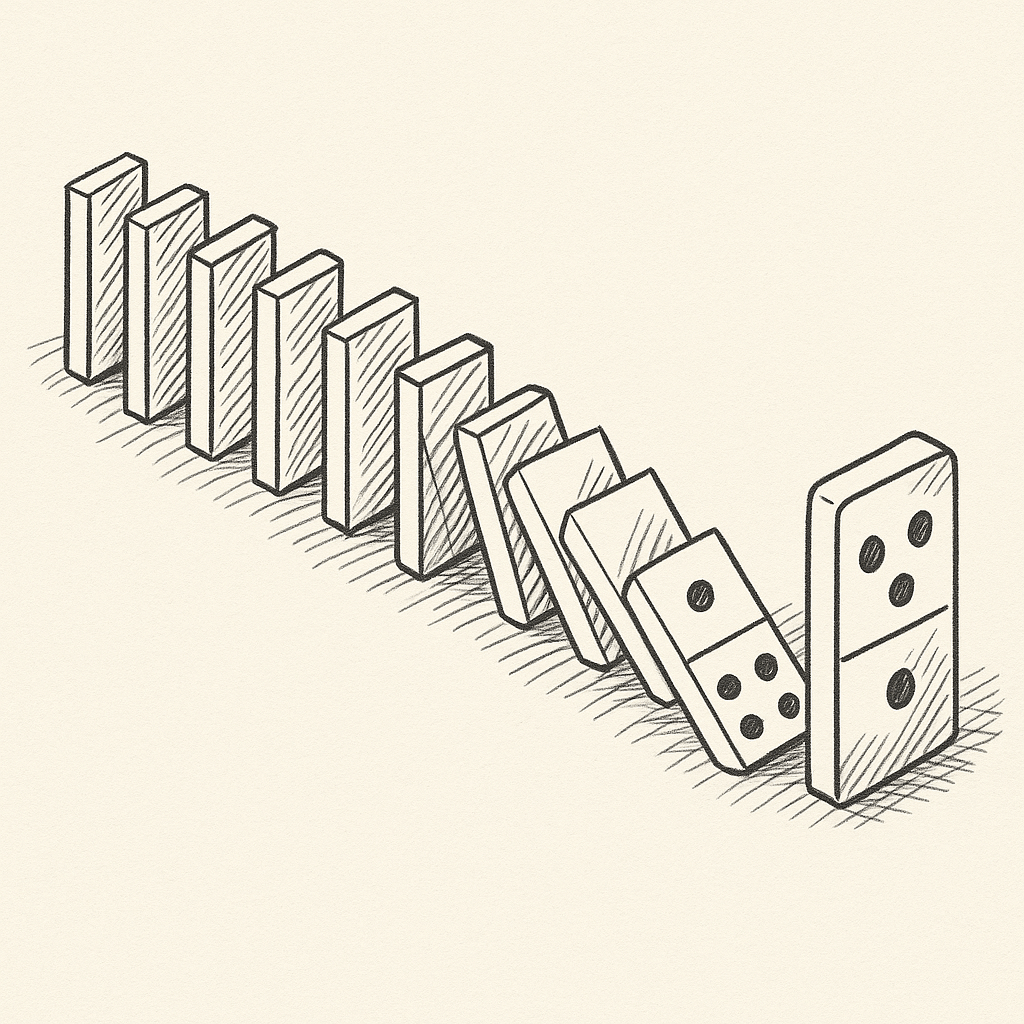 Handgezeichnete Skizze einer Domino-Kettenreaktion – visualisiert, wie kleine Auslöser große Wirkung entfalten können, ein zentrales Prinzip effizienter Gesundheitsstrategien für Selbstständige.
